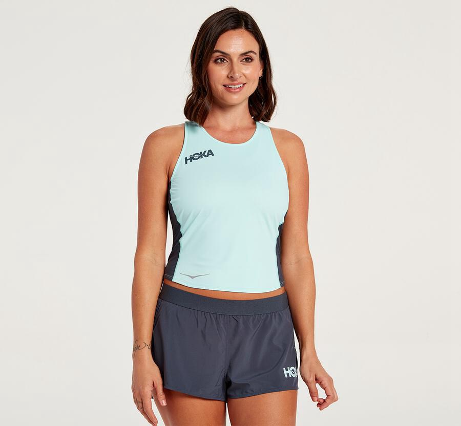 Hoka Womens Tops NZ - Hoka Fitted Tank Blue (RQK607342)